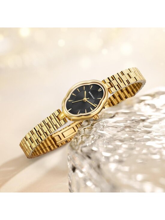 Womens Gold Black Vintage Copper Mirrors Shape Dainty Ladies Quartz Luxury Watch